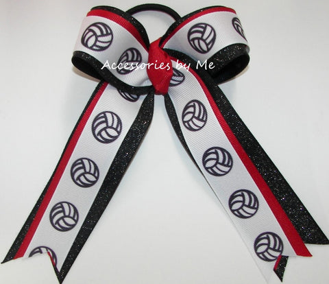 Glitter Volleyball Red Black Ponytail Bow