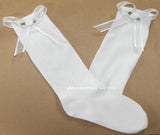 White Nylon Knee Highs Decorated with Organza Satin Bows with Rosette sewn on outside top of socks.