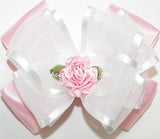 Light Pink White Organza Satin Rose Flower Hair Bow
