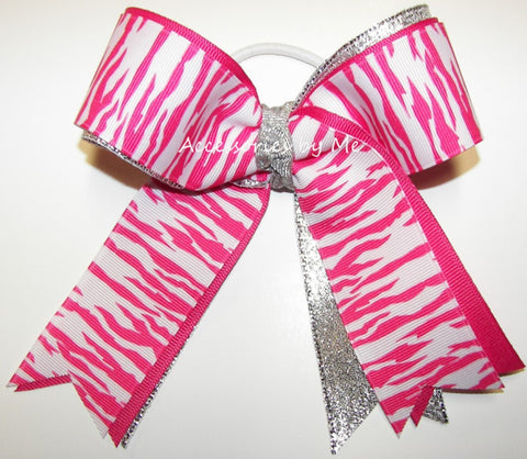 Zebra Hot Pink White Silver Ponytail Bow