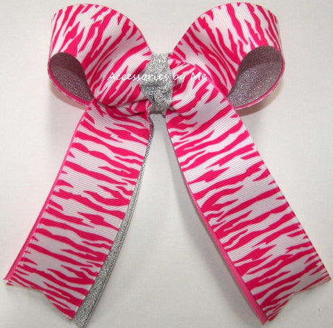 Zebra Hot Pink White Silver Ponytail Bow