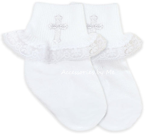 Embroidered Cross Lace Trim Socks - Choice of White or Ivory