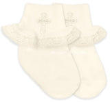 Baptism Embroidered Cross Lace Trim Sock