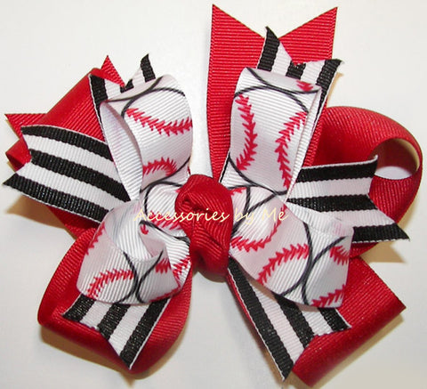 Baseball Red Black Ponytail Hair Bow