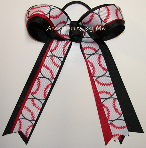 Softball Red Black Ponytail Holder Bow