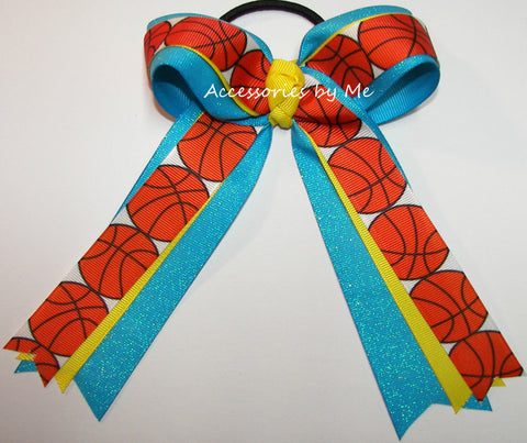 Basketball Turquoise Yellow Ponytail Holder Bow