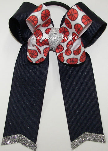 Basketball Navy Blue Silver Ponytail Bow