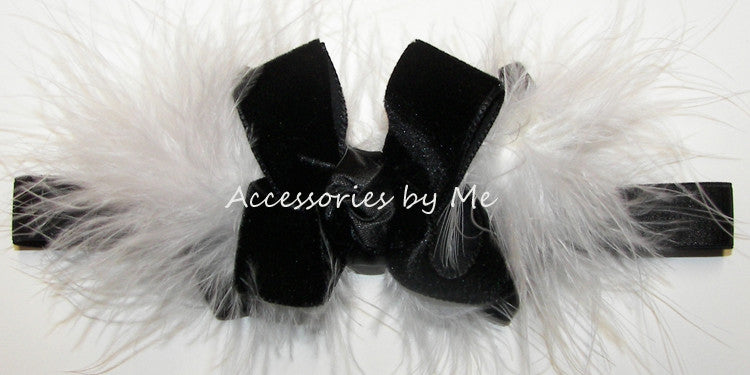 Black Velvet White Marabou Bow Headband