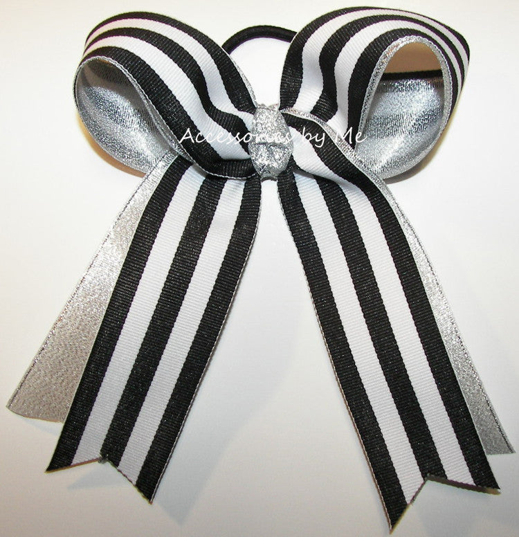 Black White Stripes Silver Metallic Ribbons Ponytail Bow