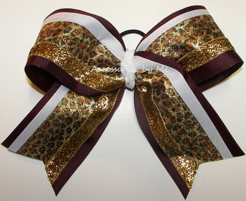 Maroon Gold Leopard Metallic Cheer Bow