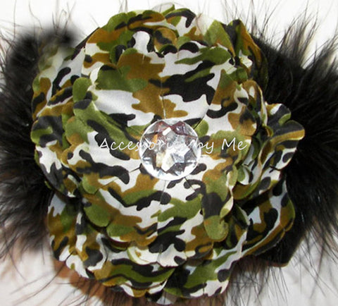 Camouflage Flower Green Black Marabou Hair Clip