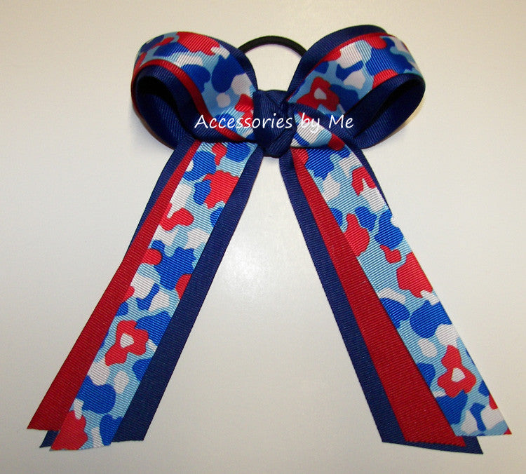 Patriotic Camo Red White Blue Ponytail Bow