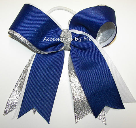 Royal Blue White Silver Ponytail Holder Bow