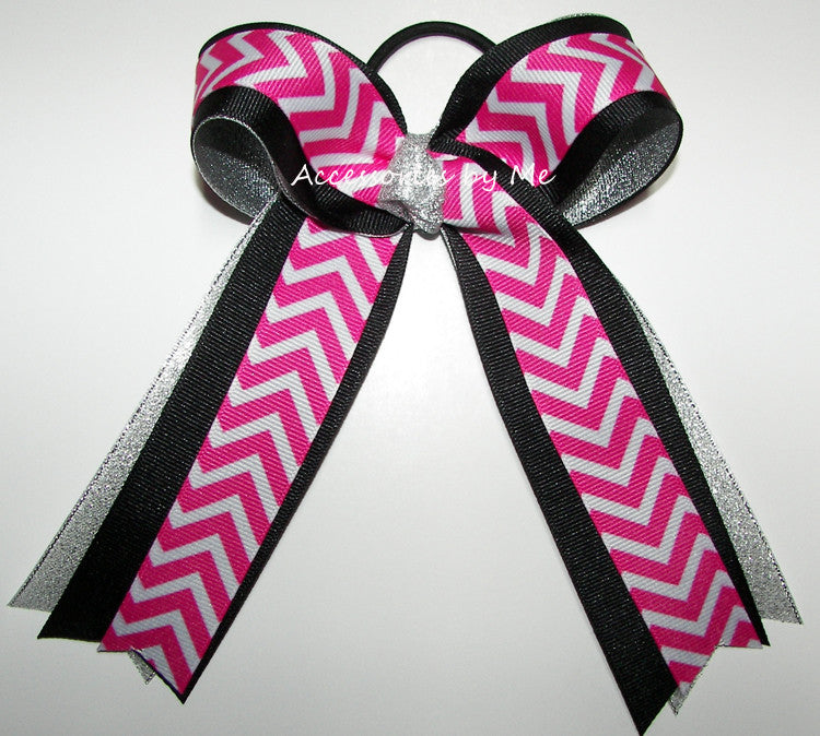 Chevron Hot Pink Black Silver Ponytail Holder Cheer Bow - Accessories by Me