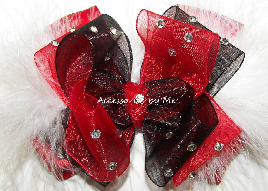 Glitzy Red Black White Marabou Feathers Hair Bow 