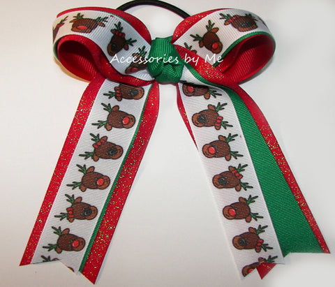 Christmas Rudolph Red Nose Reindeer Ponytail Bow