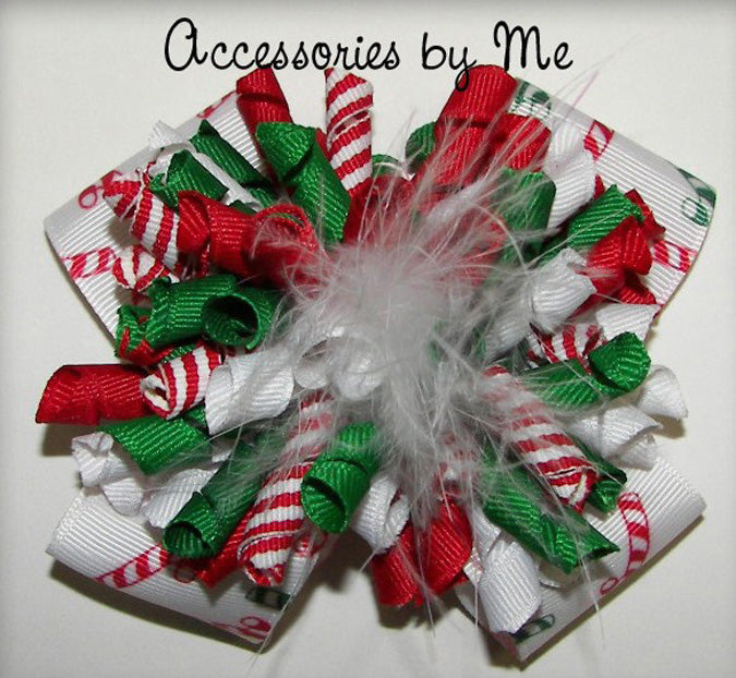 Korkers Red Green White Candy Cane Marabou Hair Bow