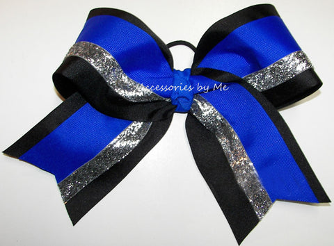 Blue Black Silver Glitter Cheer Bow