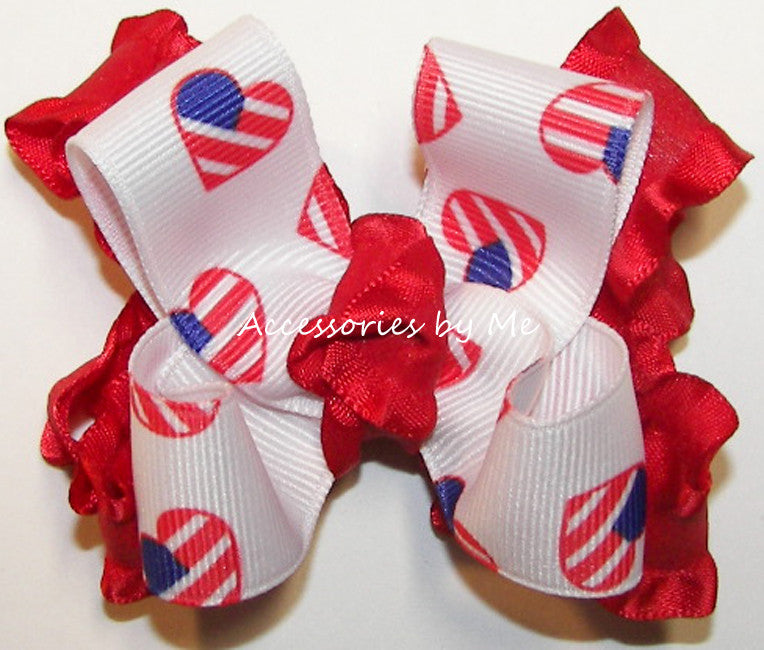 Frilly Patriotic USA Flag Red Ruffle Hair Bow - Accessories by Me