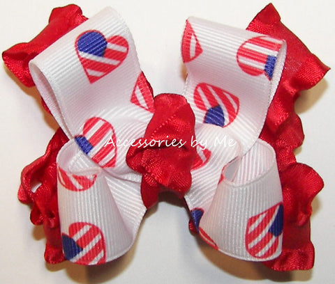 Patriotic US Flag Red Ruffle Hair Bow
