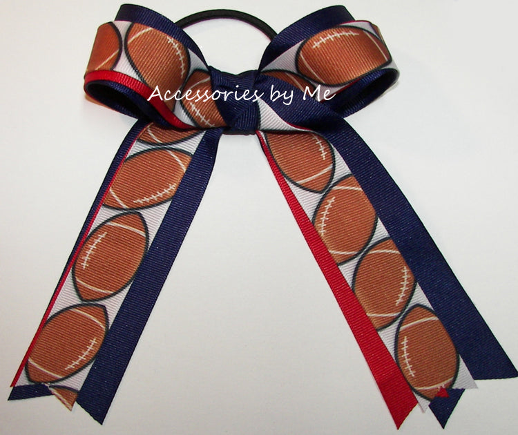 Football Navy Blue Red Ponytail Cheer Bow