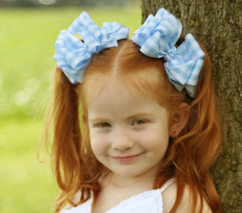 Blue Gingham Plaid Pigtail Bows