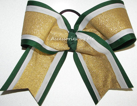 Glitter Gold White Green Cheer Bow