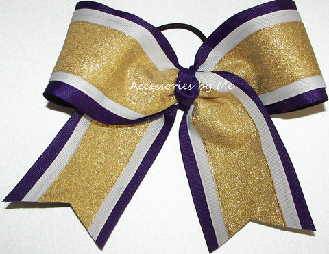 Glitter Gold White Purple Cheer Bow