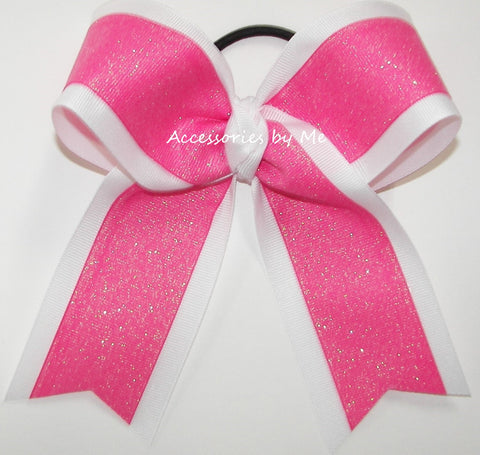 Glitter Pink White Cheer Ponytail Bow