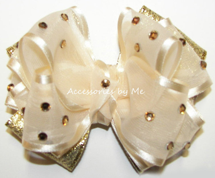Glitzy Ivory Gold Lame Girls Hair Bow - Accessories by Me