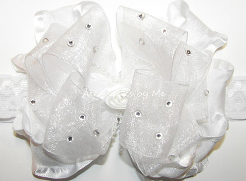 Glitzy White Organza Ruffle Pearl Bow Lace Headband