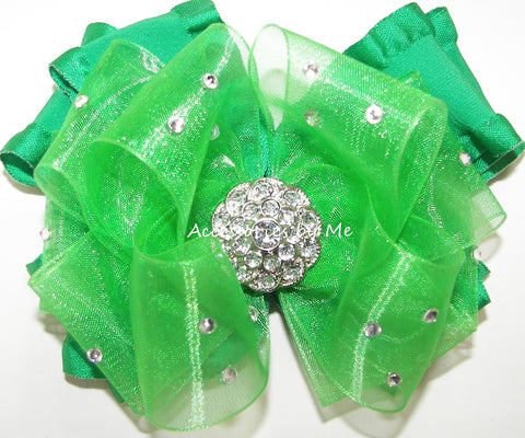 Glitzy Emerald Green Organza Ruffle Hair Bow