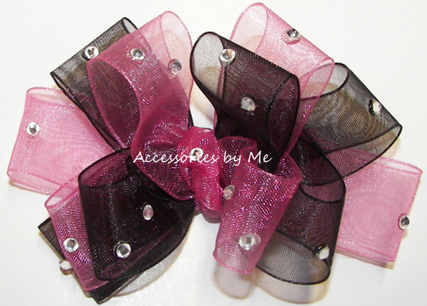 Glitzy Hot Pink Black Organza Hair Bow - Accessories by Me