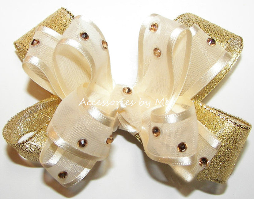 Glitzy Ivory Gold Lame Baby Hair Bow - Accessories by Me