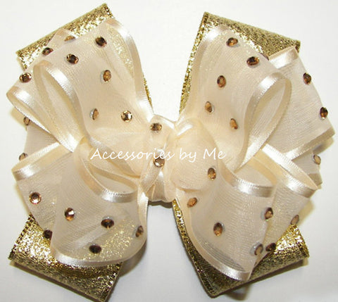 High Glitz Pageant Ivory Gold Hair Bow