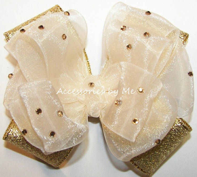 Glitzy Ivory Gold Lame Hair Bow for Girls - Accessories by Me