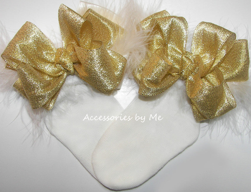 Glitzy Gold Ivory Marabou Feathers Bow Socks
