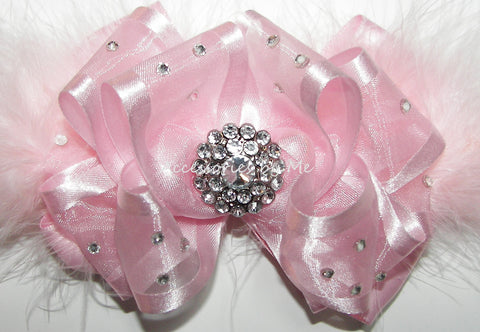 Glitzy Light Pink Organza Marabou Hair Bow