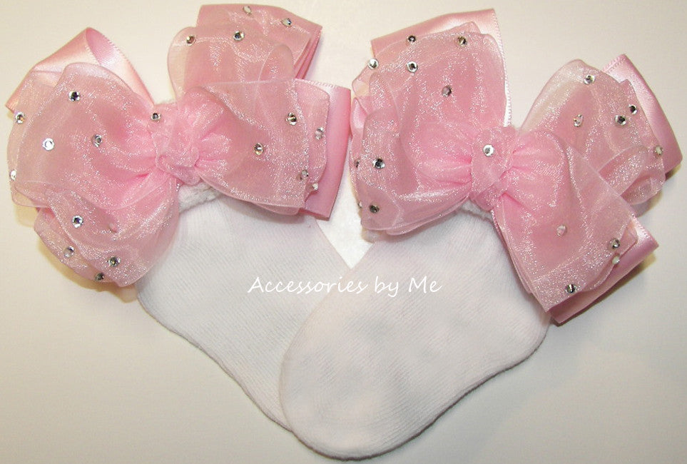 Glitzy Light Pink Organza Satin Bow Socks 