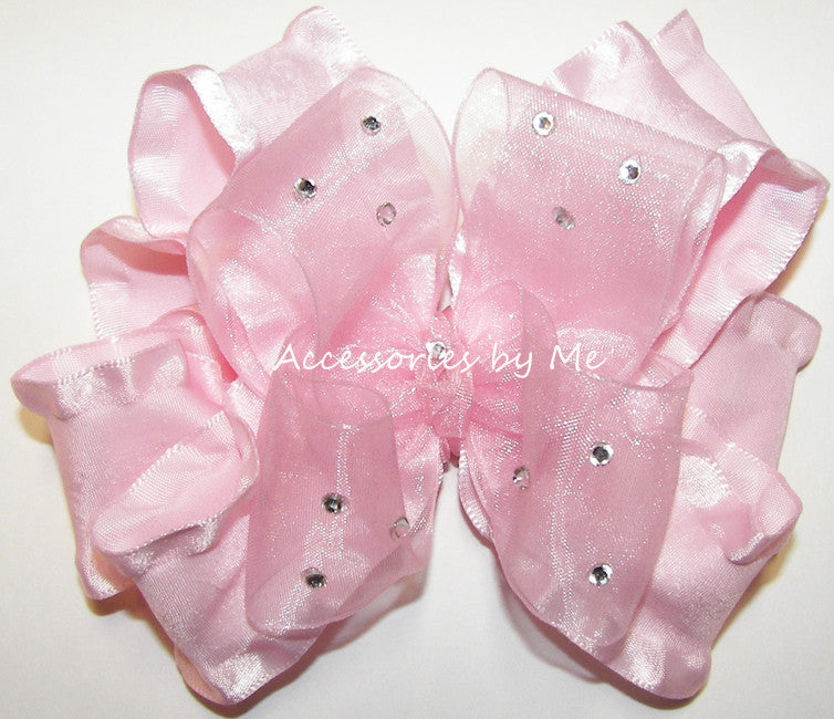 Glitzy Light Pink Organza Ruffle Hair Bow - Accessories by Me
