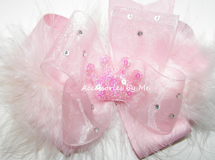 Glitzy Light Pink Organza Marabou Tiara Applique Hair Bow