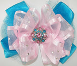 Glitzy Light Pink Turquoise Pageant Bow