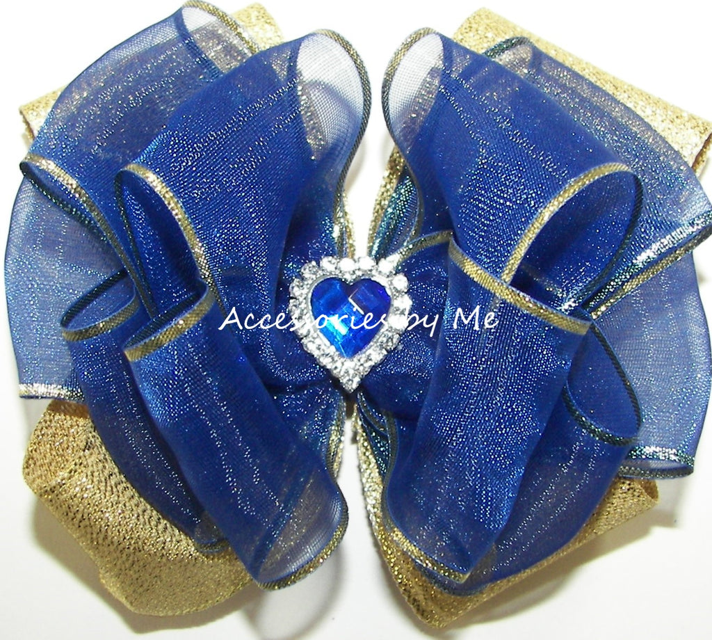 Royal Blue Gold Metallic Center Royal Blue Rhinestone Heart Hair Bow
