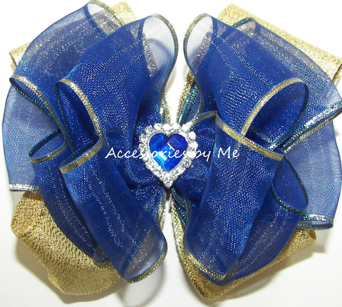 Royal Blue Gold Organza Metallic Hair Bow