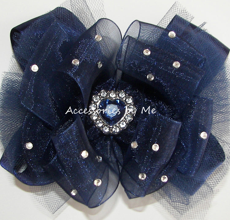 Glitzy Navy Blue Organza Satin Tutu Bow, Embellished with Clear Rhinestones and a Center Navy Heart Rhinestone. Bow Attached to Clip or Headband Choice