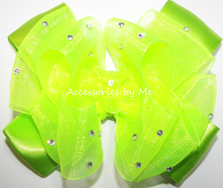 Glityz Neon Lime Green Organza Satin Hair Bow