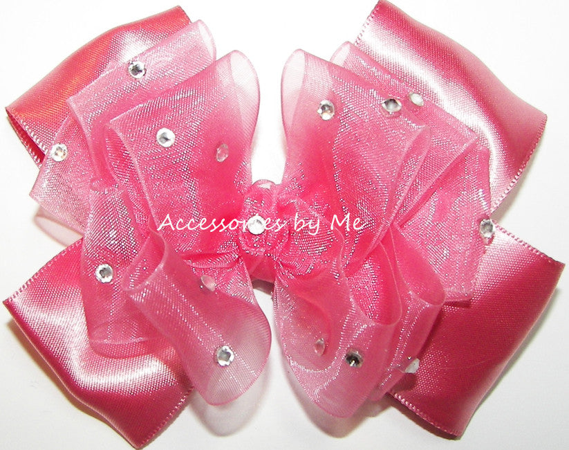Glitzy Pink Coral Organza Satin Hair Bow - Accessories by Me