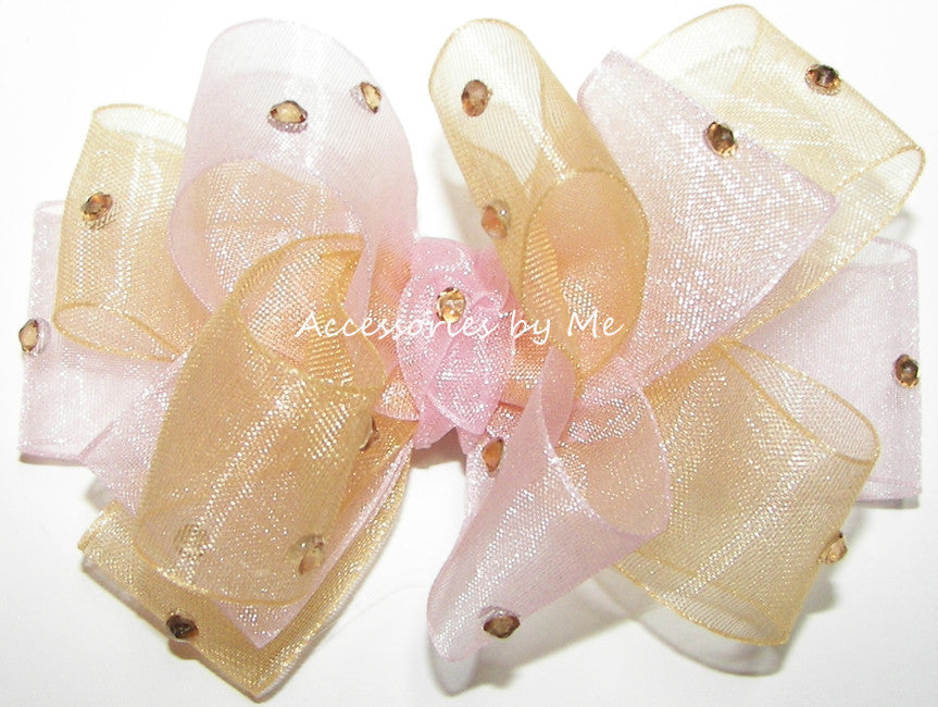 Glitzy Light Pink Gold Organza Hair Bow - Accessories by Me