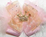 Light Pink Gold Organza Marabou Tiara Applique Hair Bow
