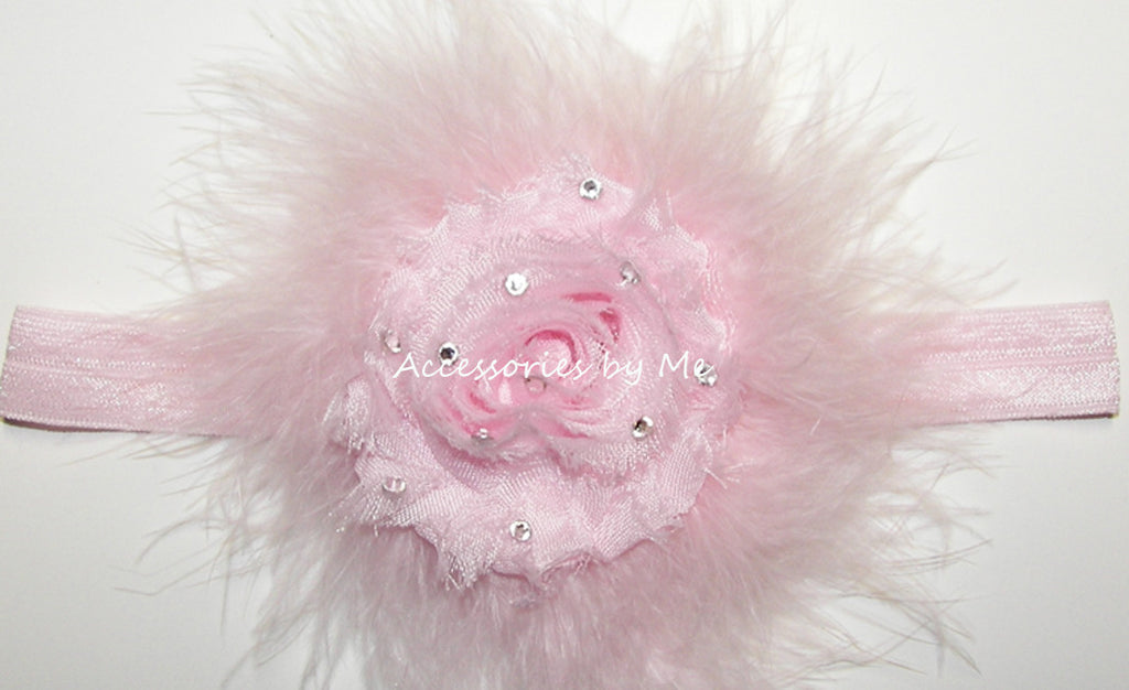 Glitzy Light Pink Shabby Rose Marabou Bow Headband